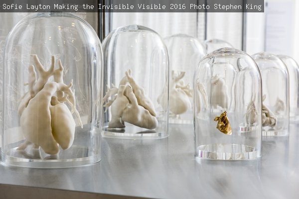 An artwork comprised of replica human hearts contained within glass bell jars