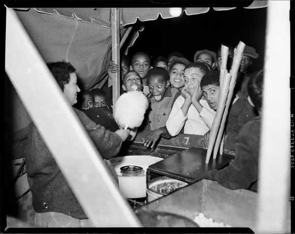 Children at cotton candy booth, possibly Westview Park, Pittsburgh USA, circa. 1945