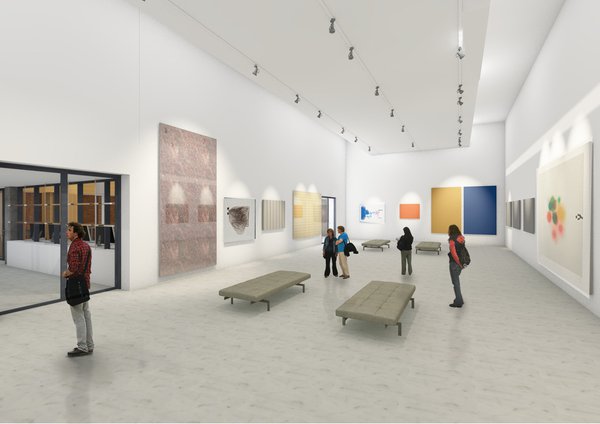 An artist's impression of a redeveloped gallery space at the Hatton Gallery. The gallery is white with a high ceiling and glass doors